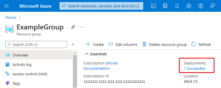 Zrzut ekranu przedstawiający przegląd grupy zasobów pokazujący pomyślne wdrożenie.