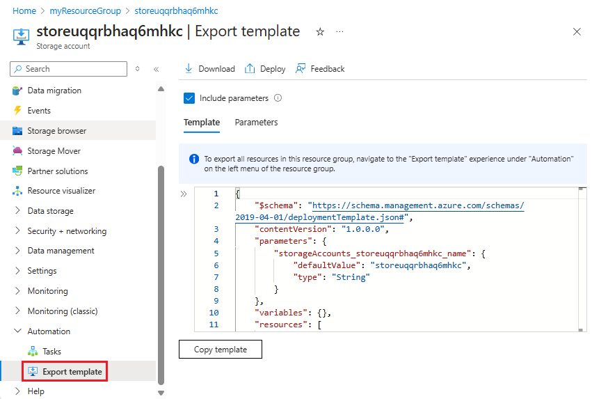 Zrzut ekranu przedstawiający eksportowanie pojedynczego zasobu w witrynie Azure Portal.