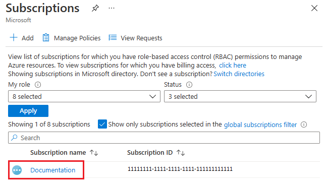 Zrzut ekranu przedstawiający listę Azure Portal subskrypcji z wyróżnionym linkiem do określonej subskrypcji.