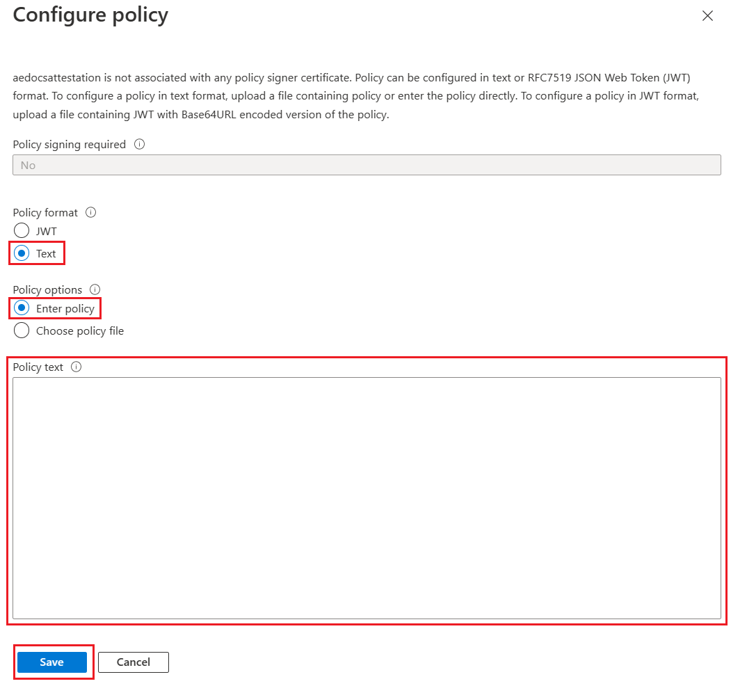 Zrzut ekranu przedstawiający edytowanie zasad zaświadczania w witrynie Azure Portal.