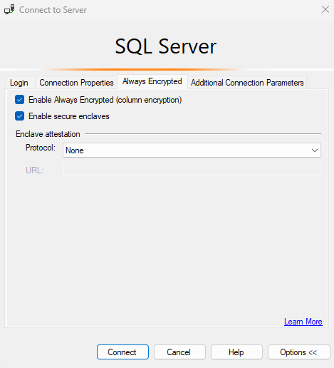 Zrzut ekranu przedstawiający kartę Program SSMS Connect to Server z kartą Always Encrypted z protokołem zaświadczania ustawionym na Wartość Brak.