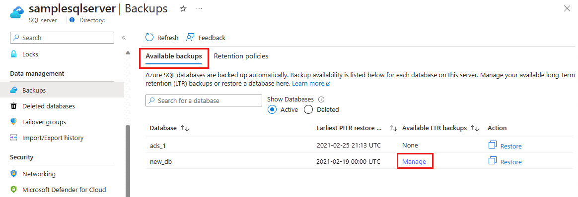 Zrzut ekranu witryny Azure Portal przedstawiający dostępne kopie zapasowe.