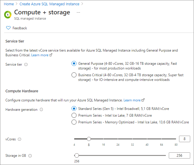 Zrzut ekranu z witryny Azure Portal przedstawiający miejsce konfigurowania usługi SQL Managed Instance.