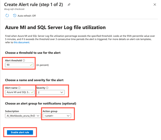 Zrzut ekranu przedstawiający stronę Reguły alertów dla usługi Azure Monitor w witrynie Azure Portal. Na stronie Tworzenie reguły alertu (krok 1 z 2) przedstawiono progi do użycia dla alertów, nazwę i ważność alertu oraz grupę alertów dla powiadomień (opcjonalnie).