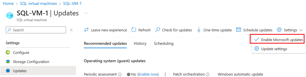 Zrzut ekranu przedstawiający stronę Aktualizacje zasobu maszyn wirtualnych SQL w witrynie Azure Portal z wyróżnioną pozycję Włącz usługę Microsoft Update. 