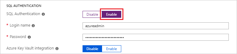 Zrzut ekranu przedstawiający witrynę Azure Portal z włączonymi opcjami uwierzytelniania programu SQL Server.