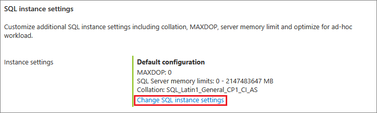 Zrzut ekranu pokazujący, gdzie można skonfigurować ustawienia programu SQL Server dla wystąpienia maszyny wirtualnej SQL.