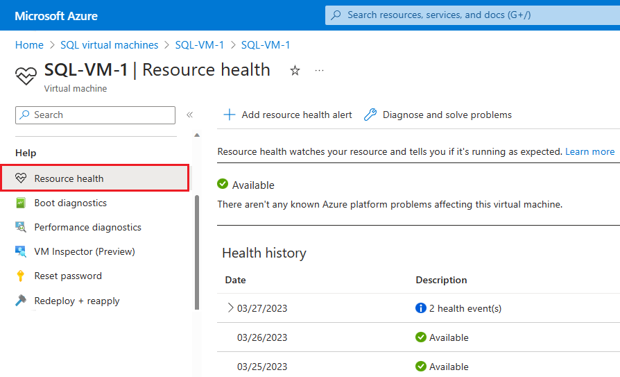 Zrzut ekranu przedstawiający stronę Usługi Resource Health w witrynie Azure Portal.