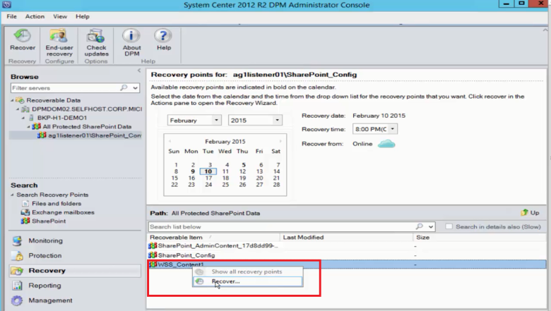 Zrzut ekranu przedstawiający sposób odzyskiwania bazy danych programu SharePoint z platformy Azure.