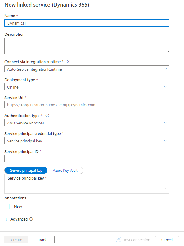 Zrzut ekranu przedstawiający połączoną konfigurację usługi dla usługi Dynamics 365.