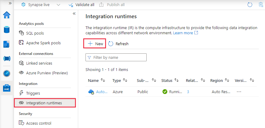 Tworzenie środowiska Integration Runtime