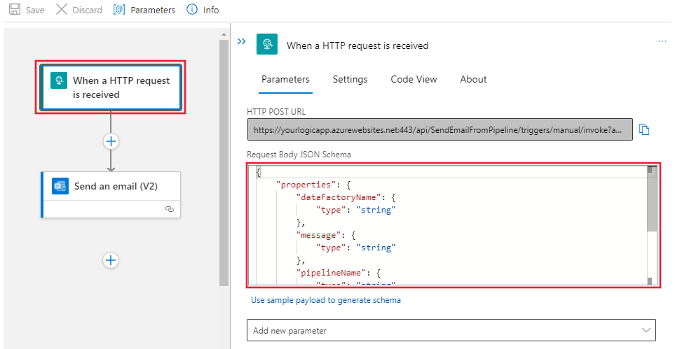 Pokazuje projektanta przepływu pracy wyzwalacza Żądania z wypełnionym polem Schemat JSON Treści żądania.