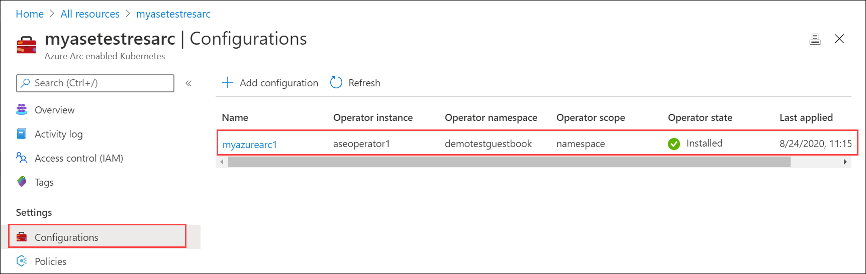 Zrzut ekranu przedstawiający klaster Kubernetes z włączoną usługą Azure Arc w stanie zainstalowanym.