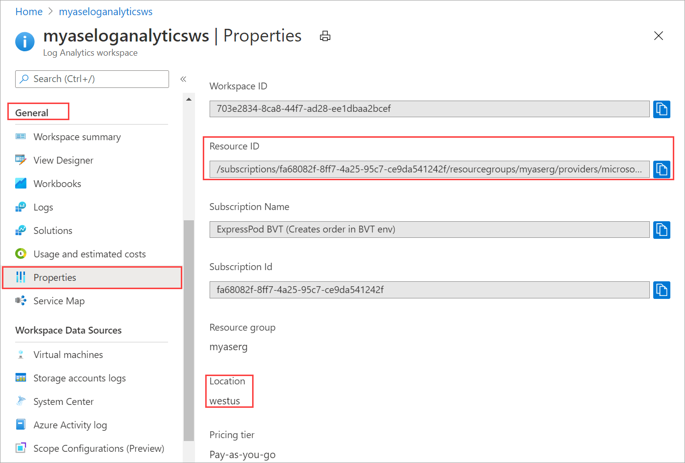 Właściwości obszaru roboczego usługi Log Analytics