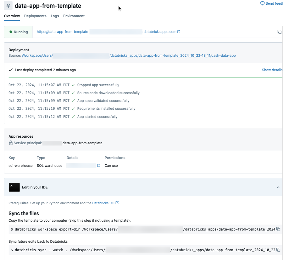 Wyświetlanie szczegółów szablonowej aplikacji usługi Databricks