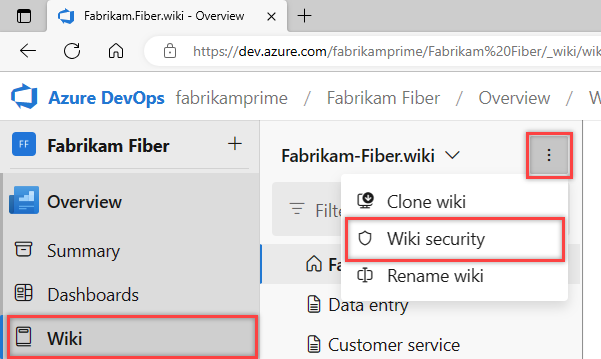 Zrzut ekranu przedstawiający witrynę Wiki, wybierz pozycję Więcej, wybierz pozycję Zabezpieczenia.
