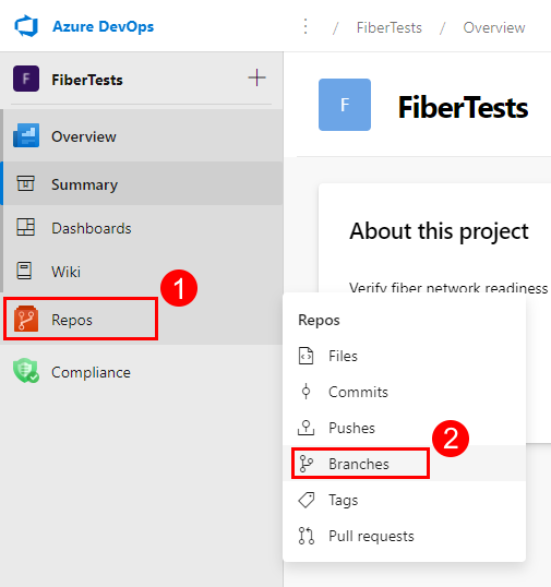 Zrzut ekranu przedstawiający stronę projektu usługi Azure DevOps z rozwiniętym menu Repozytorium.