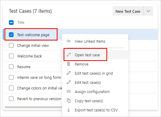 Zrzut ekranu przedstawiający przypadek testowy z menu kontekstowym z wybraną pozycją Otwórz przypadek testowy.