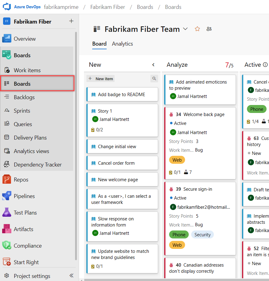 Zrzut ekranu przedstawiający stronę listy prac usługi Azure Boards.