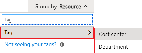 Zrzut ekranu przedstawiający sposób zmiany filtru Grupuj według w celu wyświetlenia szczegółów kosztów na podstawie zastosowanych tagów.