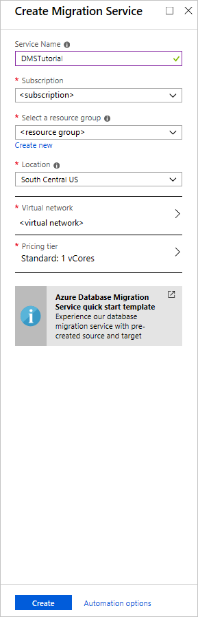 Zrzut ekranu przedstawiający ustawienia konfiguracji wystąpienia usługi Azure Database Migration Service.