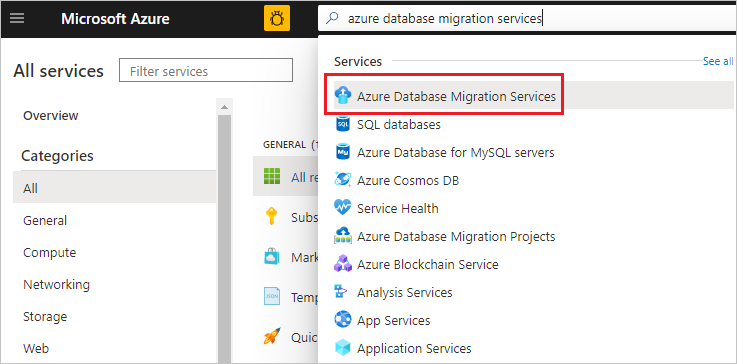 Zrzut ekranu przedstawiający usługę Azure Database Migration Service w usłudze Search.