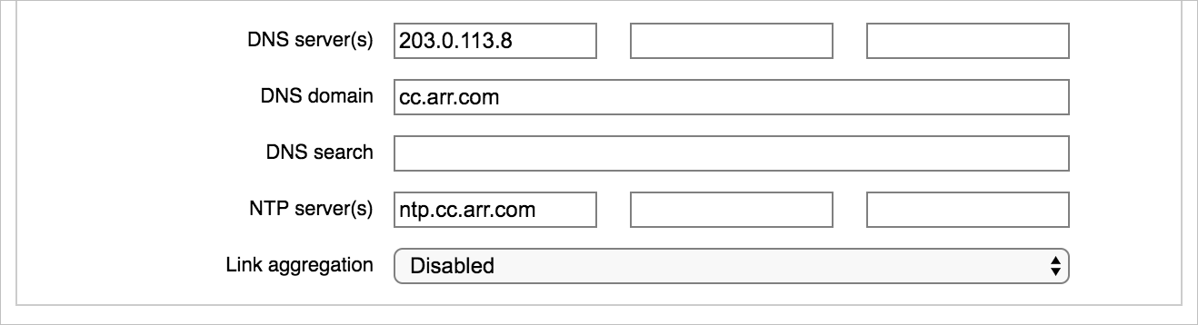 Szczegóły sekcji konfiguracji DNS/NTP, z trzema polami dla serwerów DNS, pola dla domeny DNS i wyszukiwania DNS, trzy pola dla serwerów NTP i menu rozwijane dla opcji agregacji linków