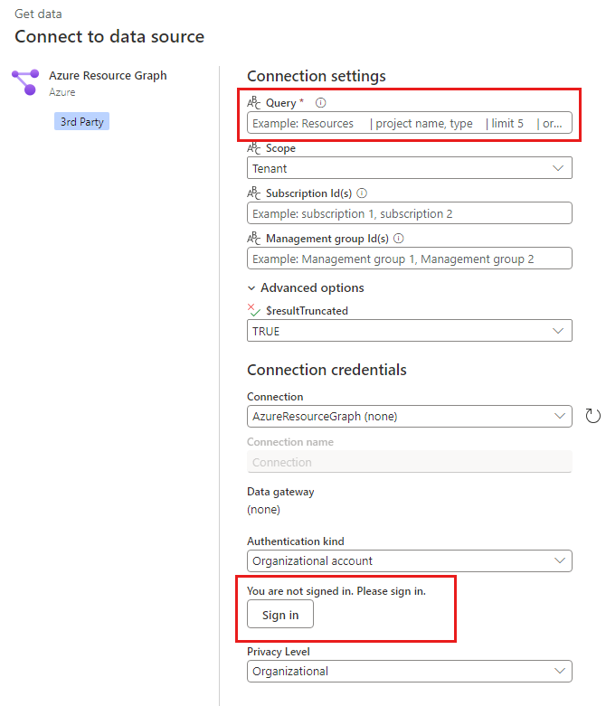 Zrzut ekranu przedstawiający okno dialogowe usługa Power BI Azure Resource Graph umożliwiające wprowadzenie zapytania i użycie ustawień domyślnych.