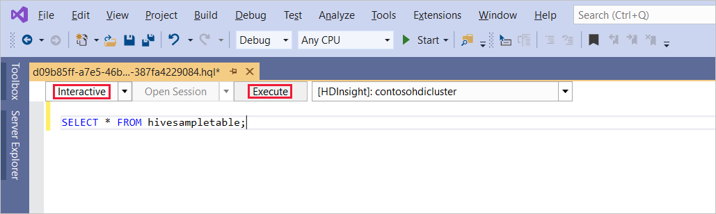 Wykonaj interakcyjne zapytanie Hive, Visual Studio.