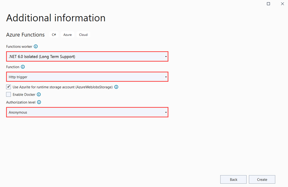 Ustawienia projektu usługi Azure Functions