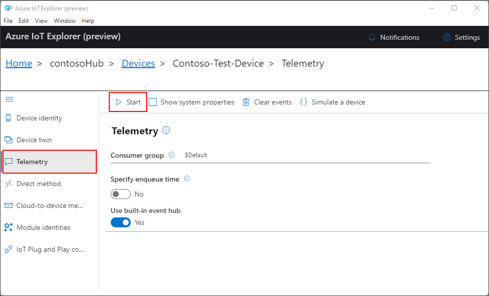 Rozpocznij monitorowanie telemetrii urządzenia w programie IoT Explorer.