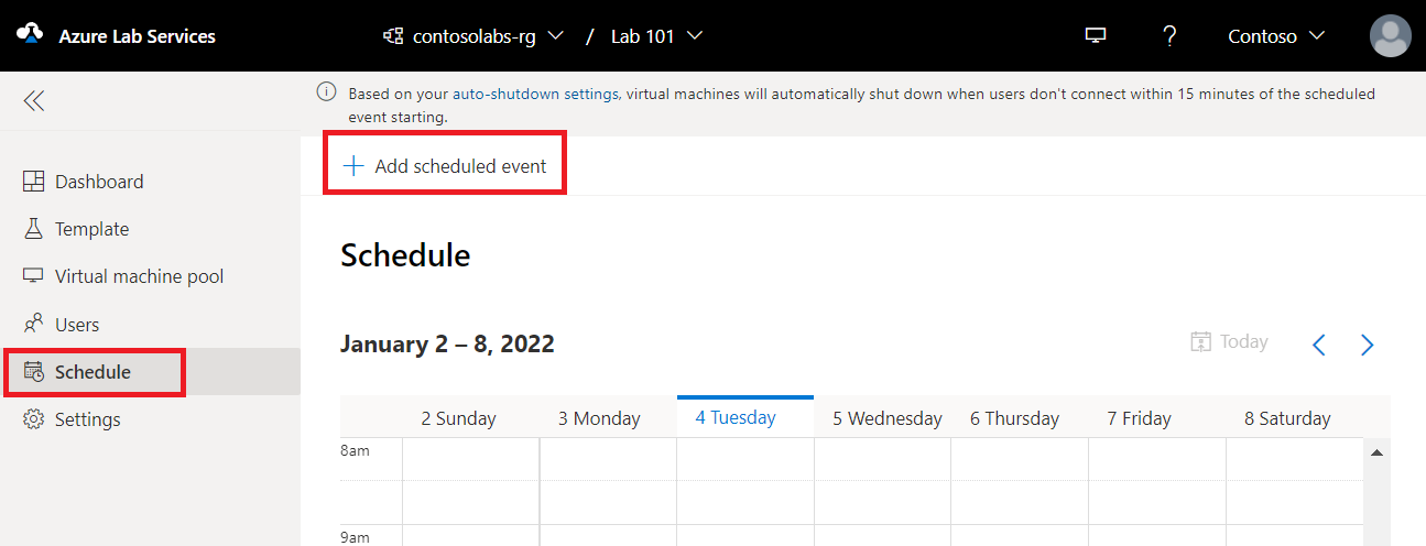 Zrzut ekranu przedstawiający stronę „Harmonogram” usługi Azure Lab Services z wybranym przyciskiem Dodaj harmonogram.