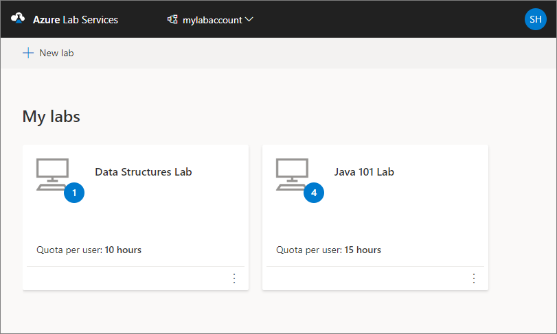 Zrzut ekranu przedstawiający witrynę internetową usługi Azure Lab Services z wyświetloną stroną Moje laboratoria.