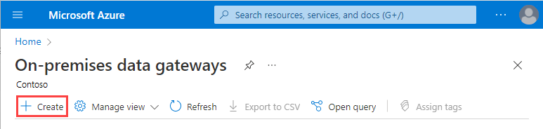 Screenshot shows the page for On-premises data gateways with the selected option for Create.