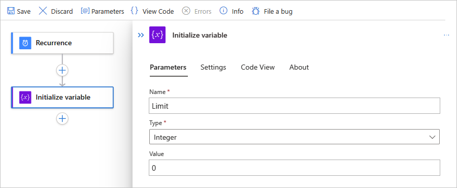 Zrzut ekranu przedstawiający witrynę Azure Portal, standardowy przepływ pracy i parametry wbudowanej akcji o nazwie Initialize zmiennej.