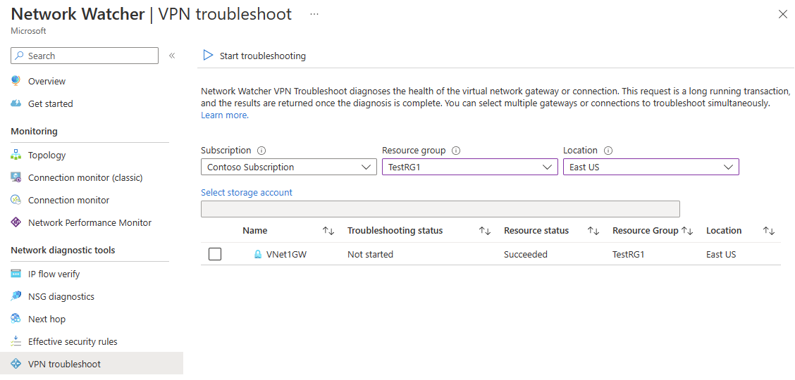 Zrzut ekranu przedstawiający rozwiązywanie problemów z siecią VPN usługi Azure Network Watcher w witrynie Azure Portal.