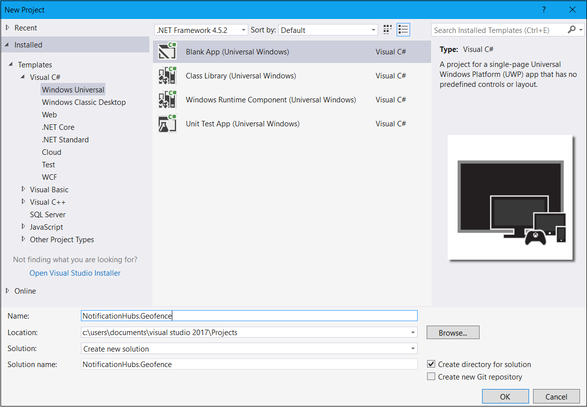 Zrzut ekranu przedstawiający okno dialogowe Nowy projekt programu Visual Studio z wyróżnioną opcją Pusta aplikacja (uniwersalny program Windows Visual C#).