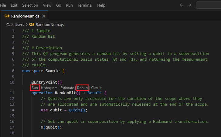 Zrzut ekranu przedstawiający plik języka Q# w programie Visual Studio Code pokazujący, gdzie znaleźć obiektyw kodu z poleceniami uruchamiania i debugowania.