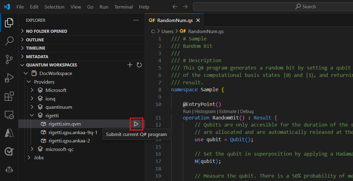 Zrzut ekranu programu Visual Studio Code przedstawiający sposób uruchamiania symulatora Rigetti jako target.