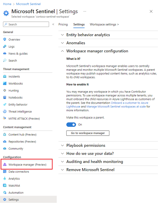 Zrzut ekranu przedstawiający ustawienia konfiguracji menedżera obszarów roboczych. Element menu dodany dla menedżera obszarów roboczych jest wyróżniony i włączony przycisk przełącznika.