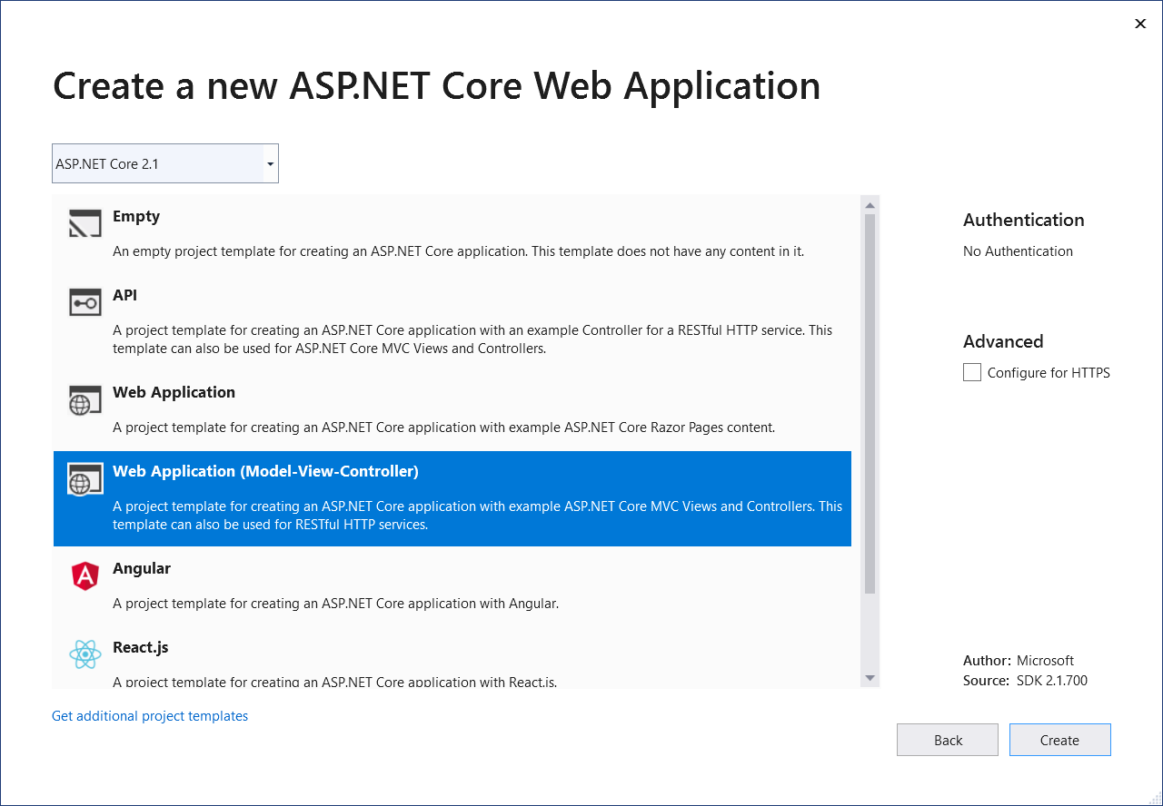 Zrzut ekranu przedstawiający wybieranie typu projektu ASP.NET.