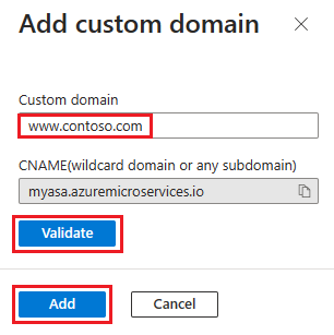 Zrzut ekranu przedstawiający okno dialogowe Dodawanie domeny niestandardowej w witrynie Azure Portal.