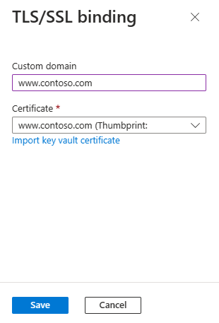 Zrzut ekranu witryny Azure Portal przedstawiający okienko powiązania TLS/SSL.