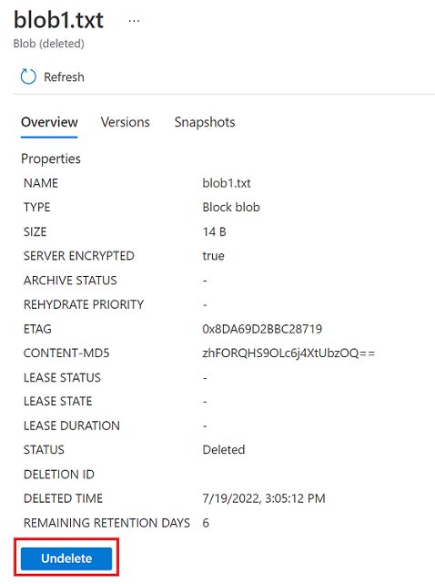 Zrzut ekranu przedstawiający sposób przywracania nietrwałego obiektu blob w witrynie Azure Portal