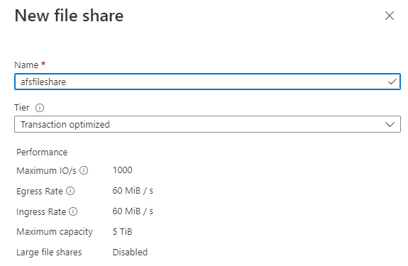 Zrzut ekranu przedstawiający sposób tworzenia nowego udziału plików przy użyciu witryny Azure Portal.