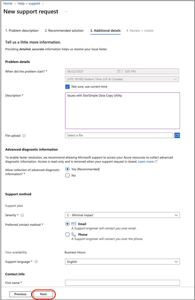 Zrzut ekranu przedstawiający szczegóły pomocy technicznej w witrynie Azure Portal.