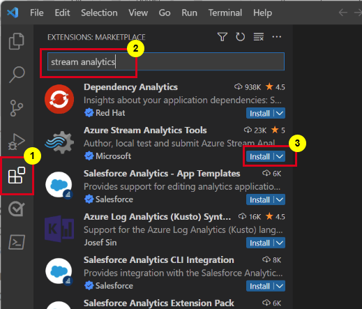 Zrzut ekranu przedstawiający stronę Rozszerzenia programu Visual Studio Code z opcją zainstalowania rozszerzenia usługi Stream Analytics.