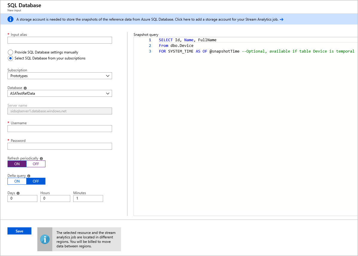 Po wybraniu usługi SQL Database zostanie wyświetlona strona Nowe dane wejściowe usługi SQL Database. W okienku po lewej stronie znajduje się formularz konfiguracji i zapytanie Migawka w okienku po prawej stronie.