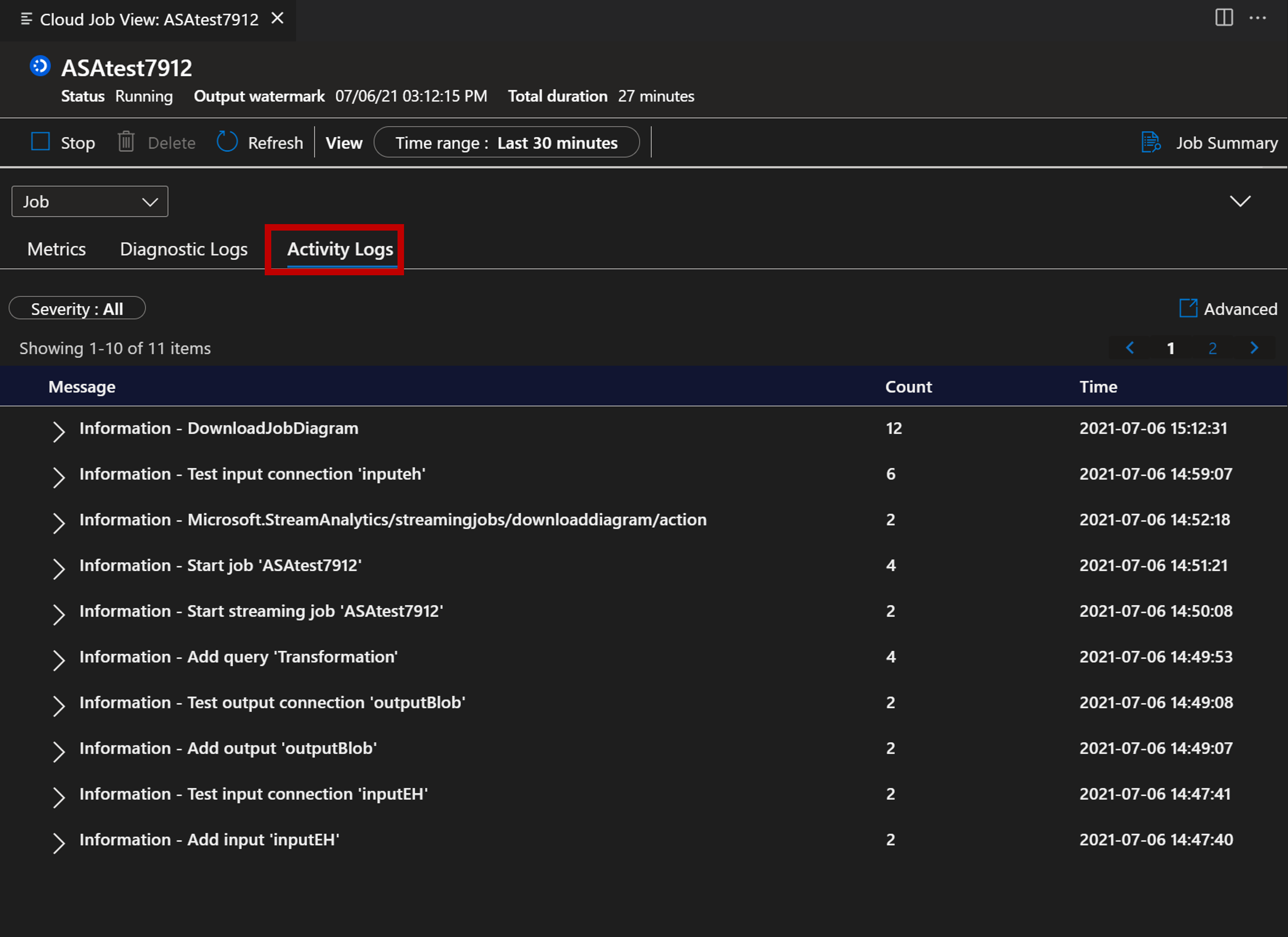 Zrzut ekranu przedstawiający rozszerzenie VSCode z wyświetlaniem dzienników aktywności.