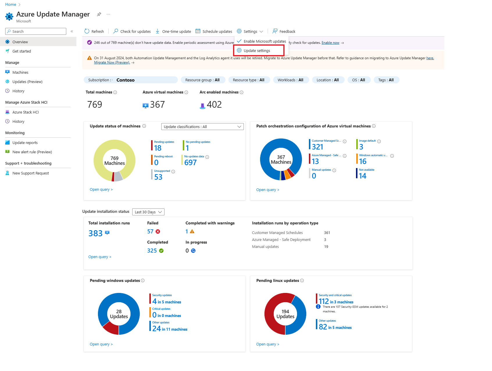 Zrzut ekranu przedstawiający opcję Ustawień aktualizacji programu Update Manager.